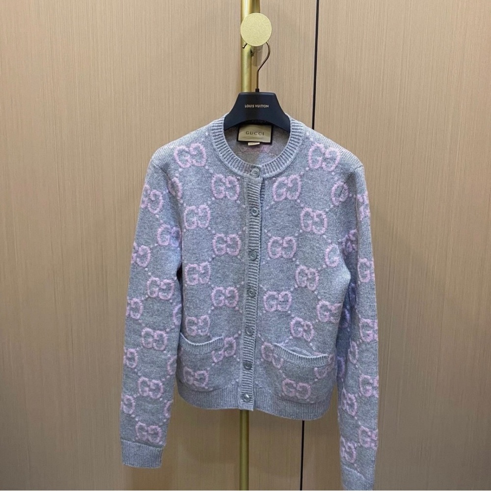 Gucci Gray and Pink Logo Cardigan